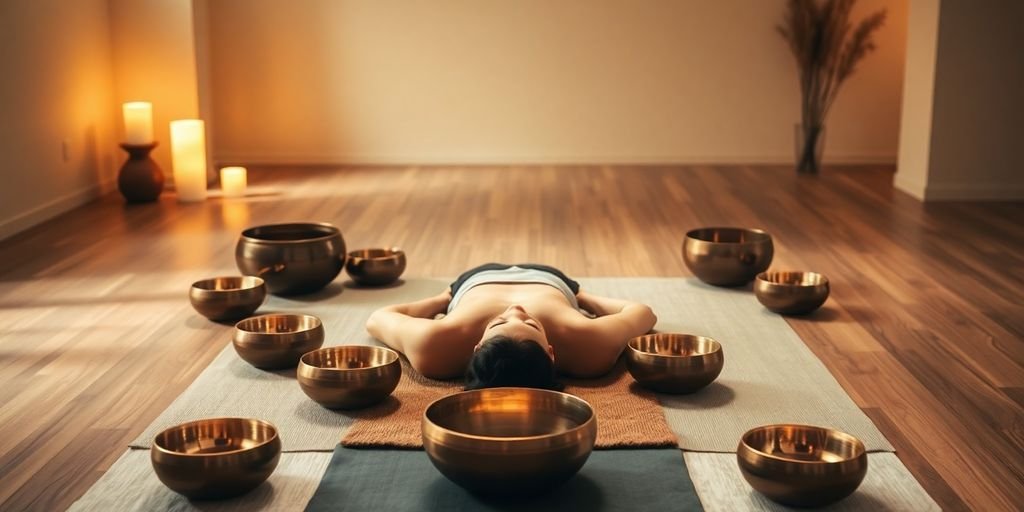 Person meditating with sound bowls in a calming space.