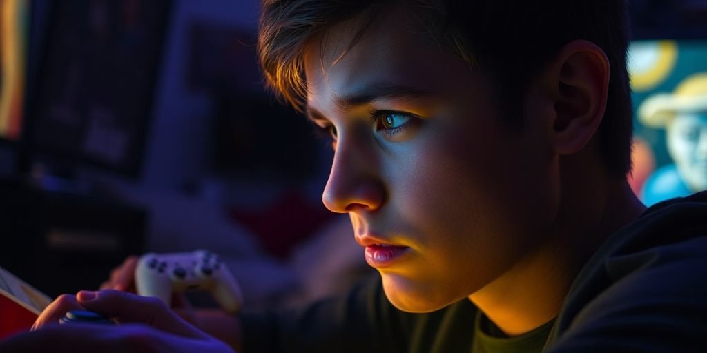 Person playing video games in a dark room.