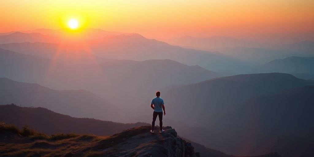 Person gazing at sunrise over mountains, symbolizing recovery.