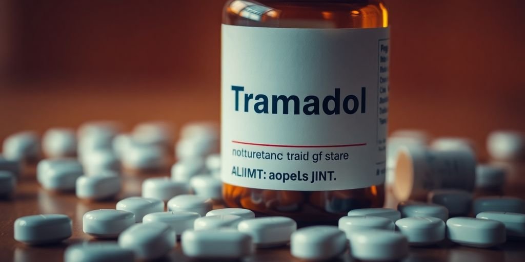Prescription bottle of Tramadol with scattered pills around it.