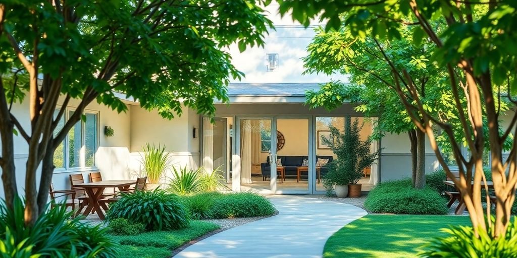 Rehabilitation center with greenery, promoting healing environment.