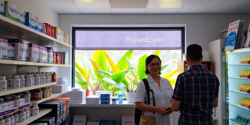 Pharmacy in Thailand with Lyrica and tropical plants.