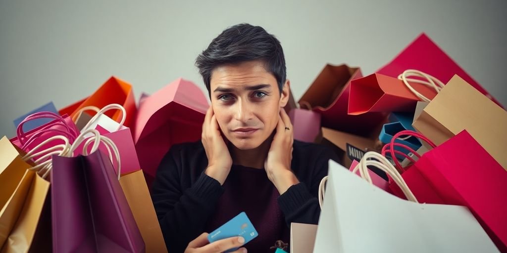 Person pondering amid shopping bags and credit cards.
