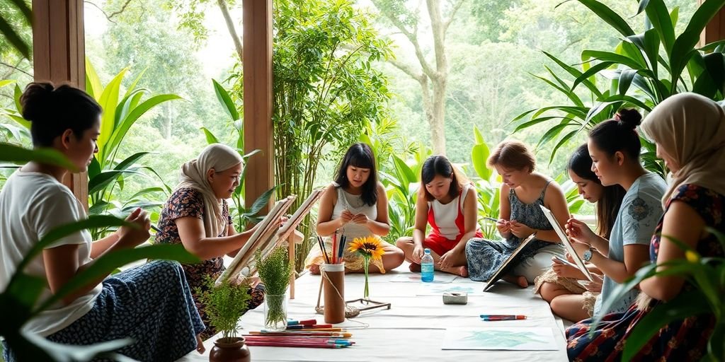 Art therapy session in Thailand with diverse participants creating art.