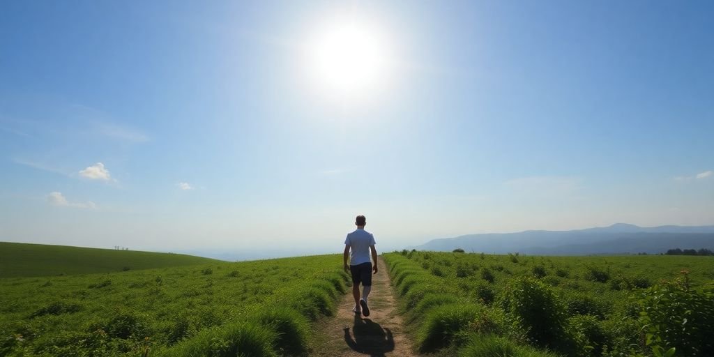 Person walking toward a bright horizon in nature.